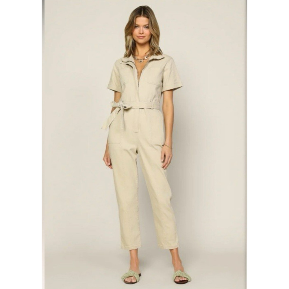 Skies‎ Are Blue Short Sleeve Denim Khaki Jumpsuit Utility Style Boho Preppy